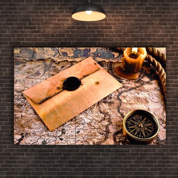 Eskitme Görünümlü Harita Mühürlü Mektup Mum ve Pusula Cam Tablo 130x83