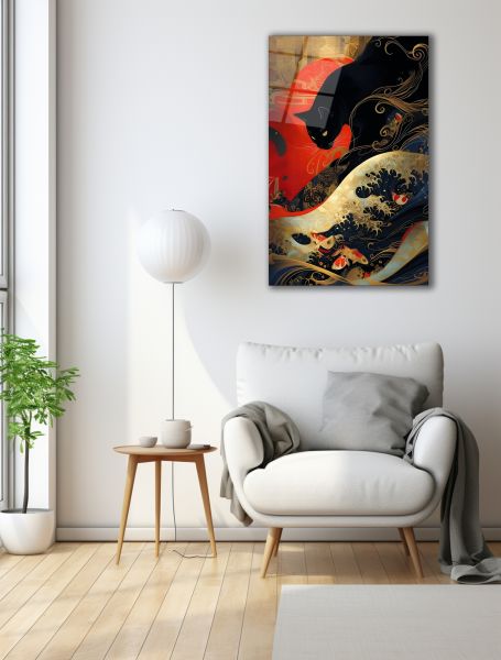 Uzak Doğu Temalı Kedi Cam Tablo