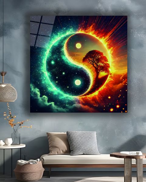 Ying Yang İçinde Hayat Ağacı Kare Cam Tablo