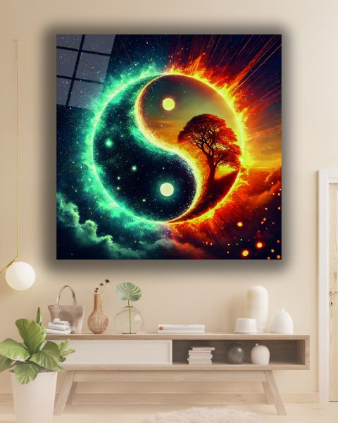Ying Yang İçinde Hayat Ağacı Kare Cam Tablo