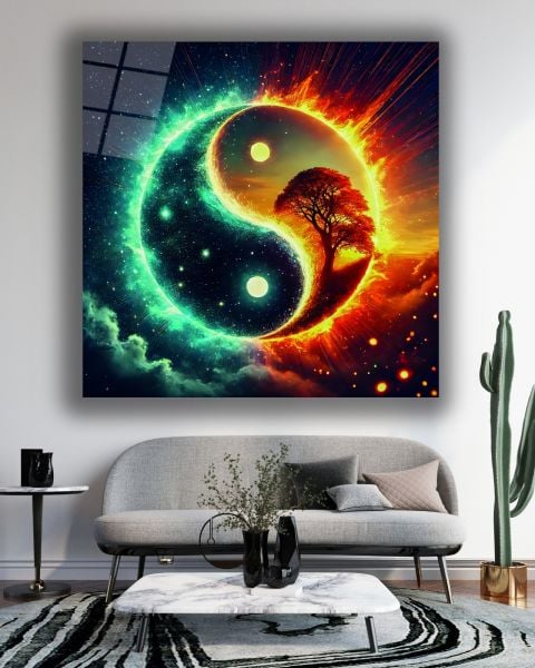 Ying Yang İçinde Hayat Ağacı Kare Cam Tablo