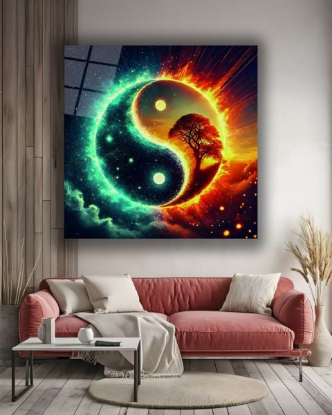 Ying Yang İçinde Hayat Ağacı Kare Cam Tablo