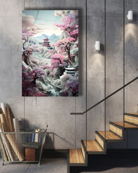 Japon Kiraz Çiçeği ve Fuji Dağı Cam Tablo
