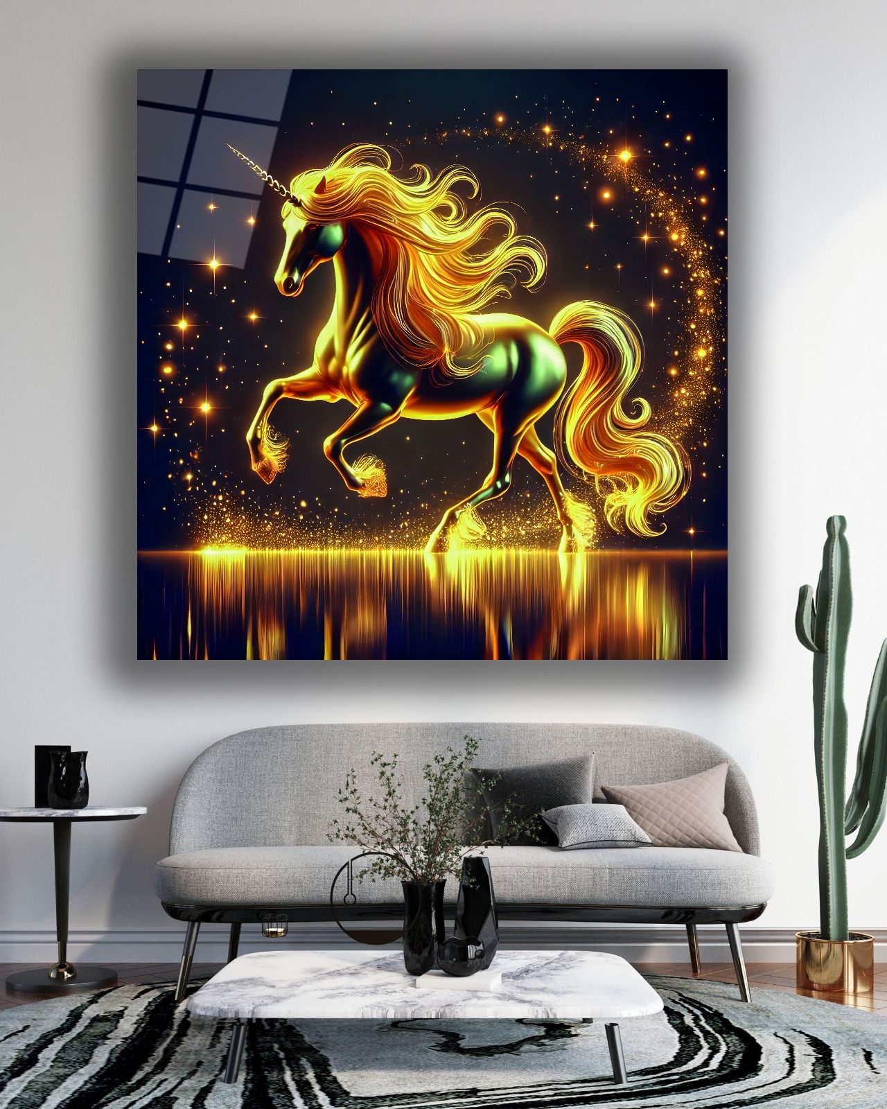Unicorn Atı Kare Cam Tablo
