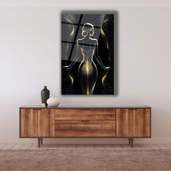 Altın Elbiseli Kadın Cam Tablo 36x23