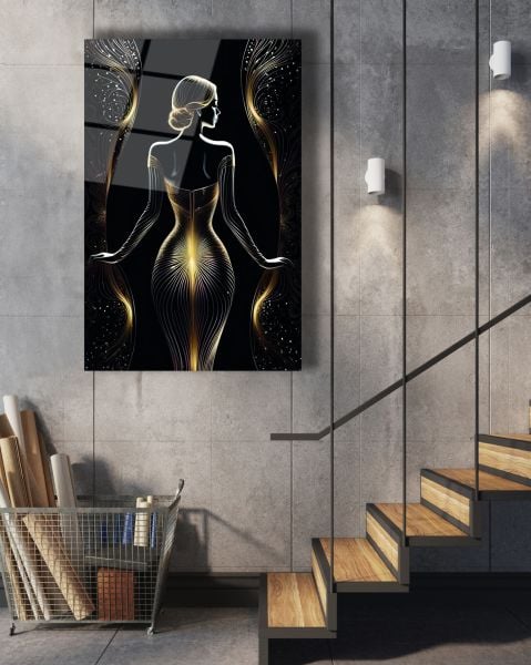 Altın Elbiseli Kadın Cam Tablo 36x23