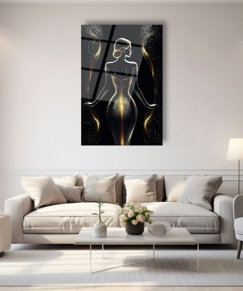 Altın Elbiseli Kadın Cam Tablo 36x23