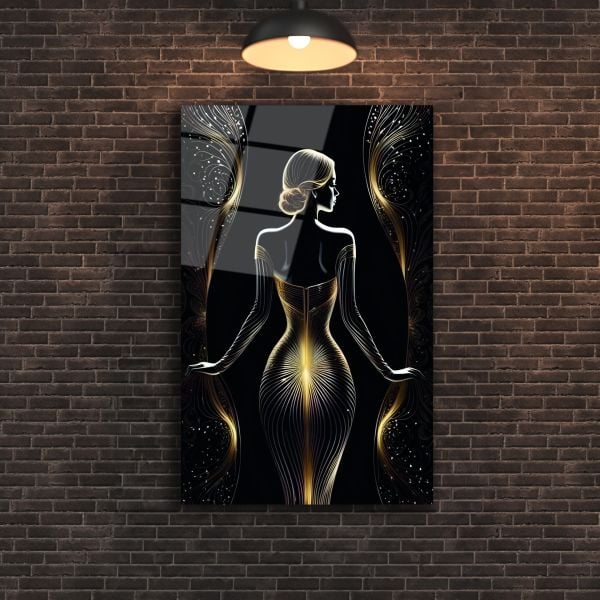 Altın Elbiseli Kadın Cam Tablo 36x23