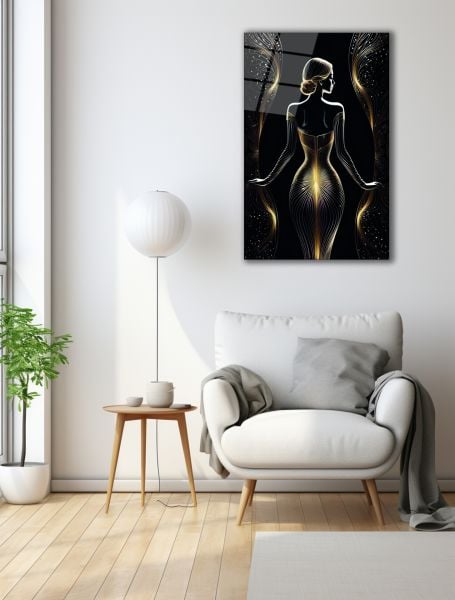 Altın Elbiseli Kadın Cam Tablo 36x23