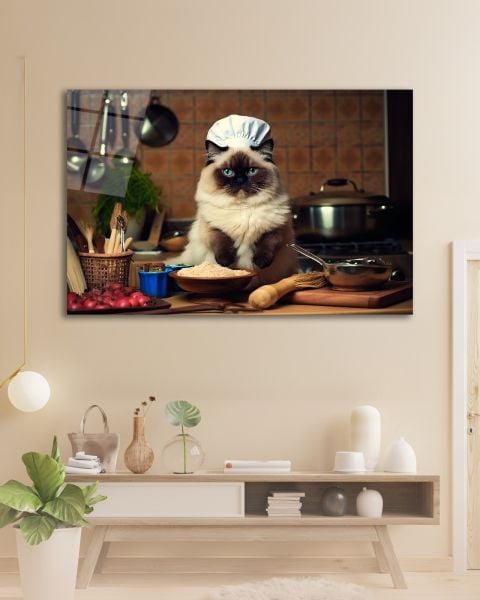 Aşçı Kedi Cam Tablo