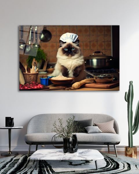 Aşçı Kedi Cam Tablo
