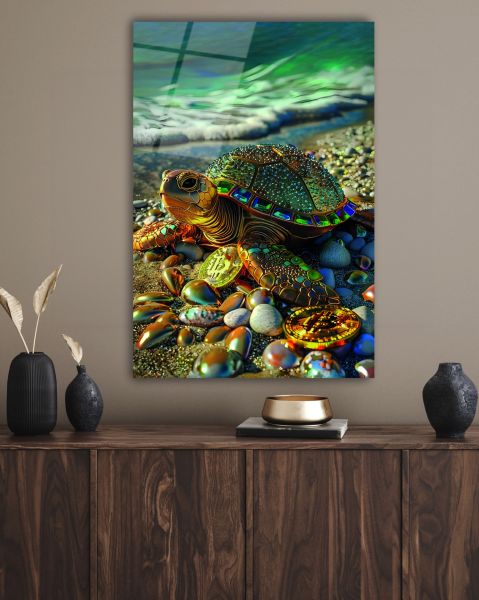 Mücevherat Kaplı Caretta Caretta Kaplumbağa Cam Tablo