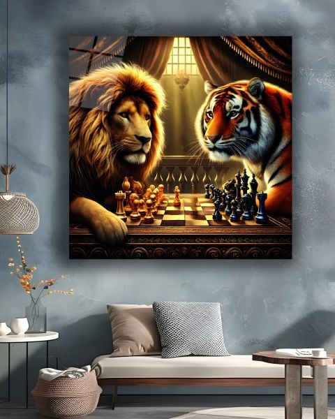 Aslan ve Kaplanın Satranç Düellosu Kare Cam Tablo