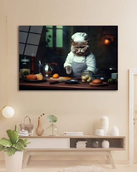 Aşçı Kedi Cam Tablo
