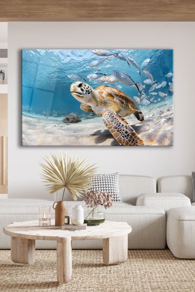 Sevimli Caretta ve Balıklar Cam Tablo