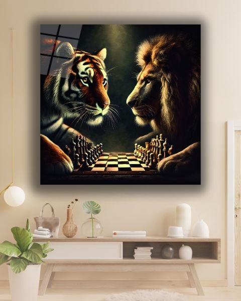 Aslan ve Kaplanın Satranç Düellosu Kare Cam Tablo