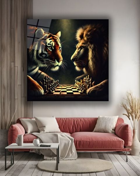 Aslan ve Kaplanın Satranç Düellosu Kare Cam Tablo