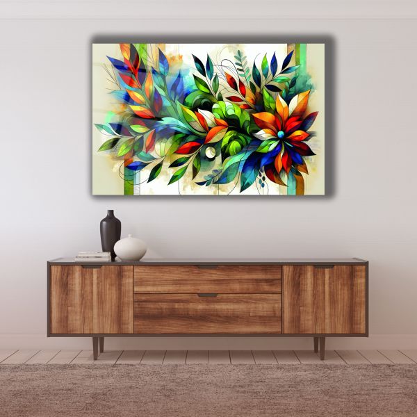 Rengarenk Yaprak Detaylı Soyut Cam Tablo