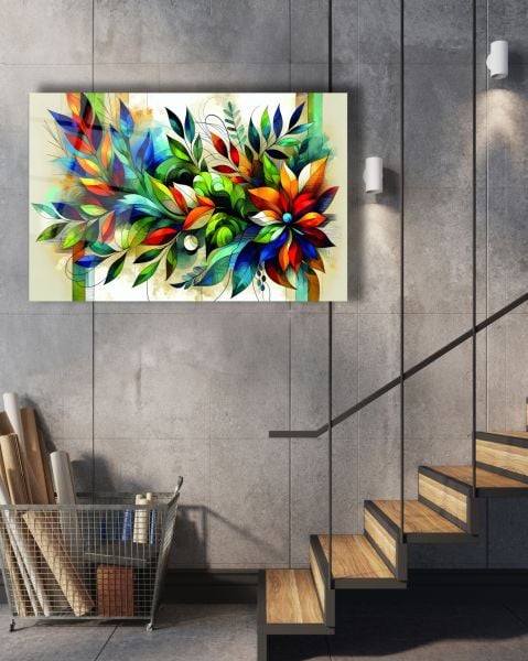 Rengarenk Yaprak Detaylı Soyut Cam Tablo