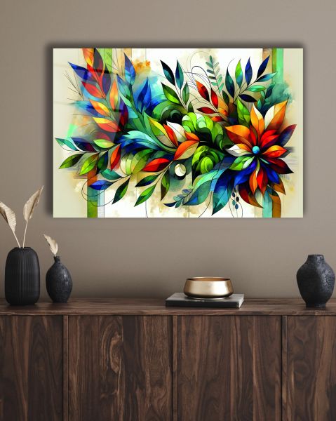 Rengarenk Yaprak Detaylı Soyut Cam Tablo