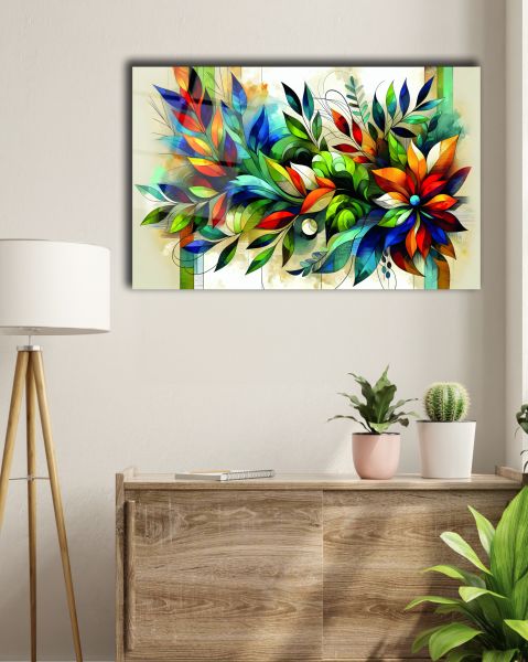 Rengarenk Yaprak Detaylı Soyut Cam Tablo