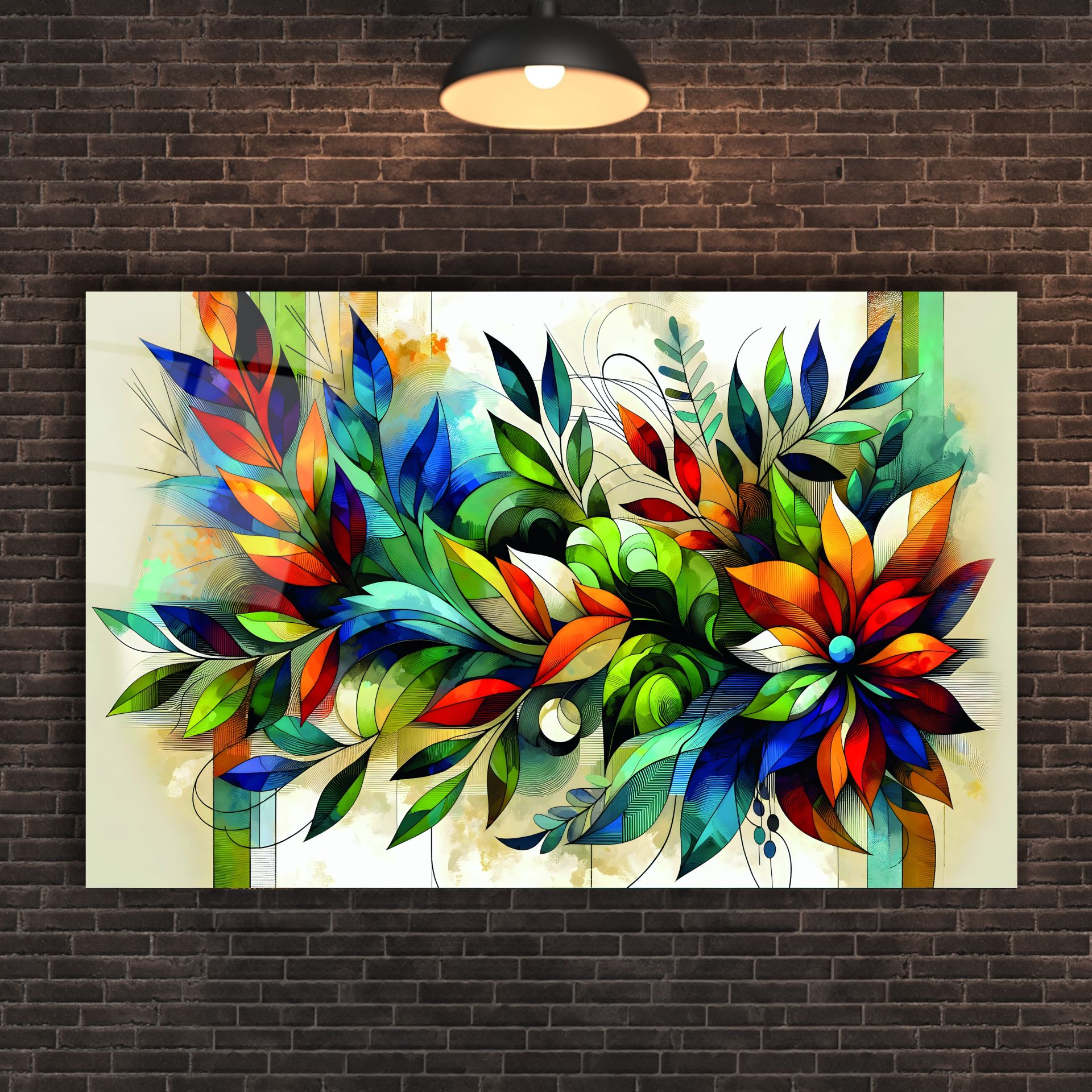 Rengarenk Yaprak Detaylı Soyut Cam Tablo