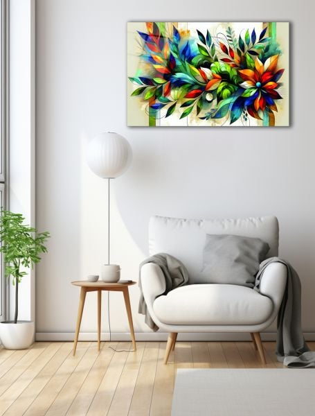 Rengarenk Yaprak Detaylı Soyut Cam Tablo