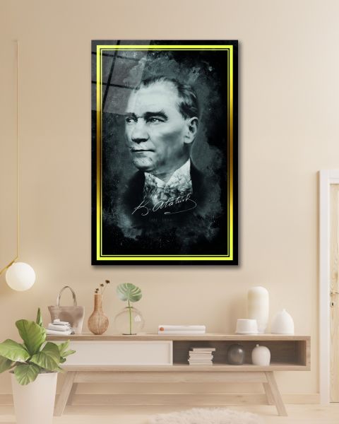 Sarı Çerçeve Görünümlü Atatürk İmzası Cam Tablo