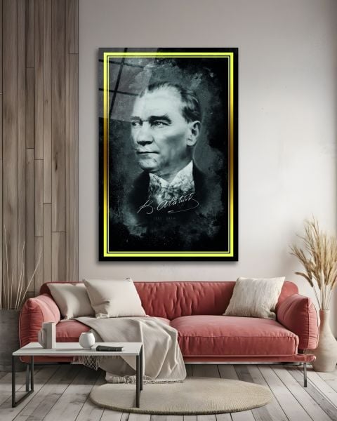Sarı Çerçeve Görünümlü Atatürk İmzası Cam Tablo