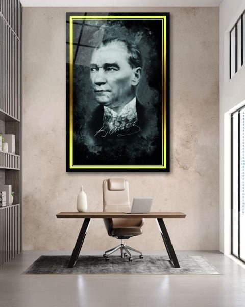 Sarı Çerçeve Görünümlü Atatürk İmzası Cam Tablo