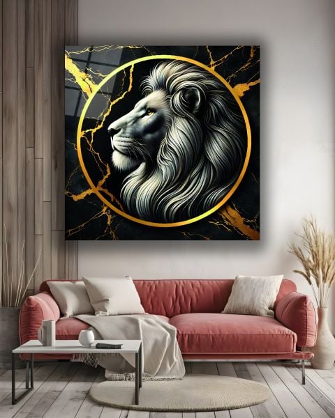 Mermer Desen Arkaplan Aslan Yan Portre Kare Cam Tablo