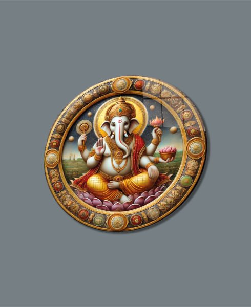 Lord Ganesha Yuvarlak Cam Tablo