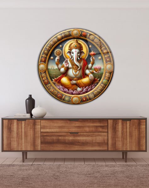 Lord Ganesha Yuvarlak Cam Tablo