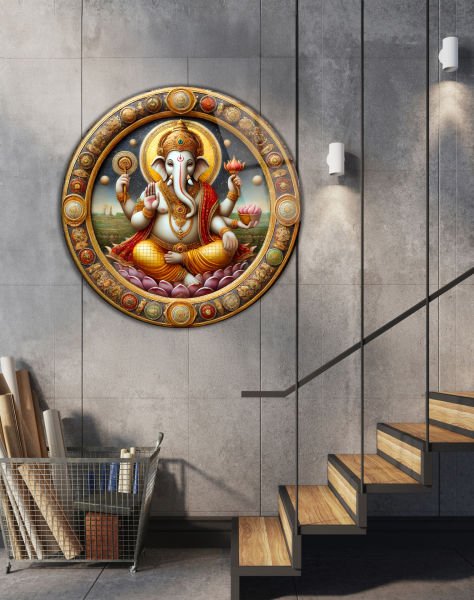 Lord Ganesha Yuvarlak Cam Tablo
