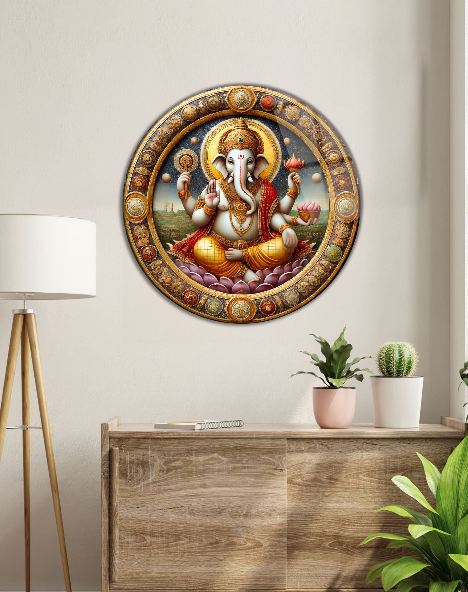 Lord Ganesha Yuvarlak Cam Tablo