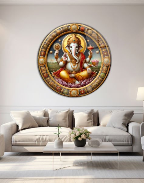 Lord Ganesha Yuvarlak Cam Tablo