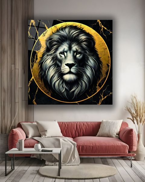 Mermer Desen Arkaplan Aslan Yan Portre Kare Cam Tablo