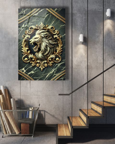 Altın Aslan Figür Cam Tablo