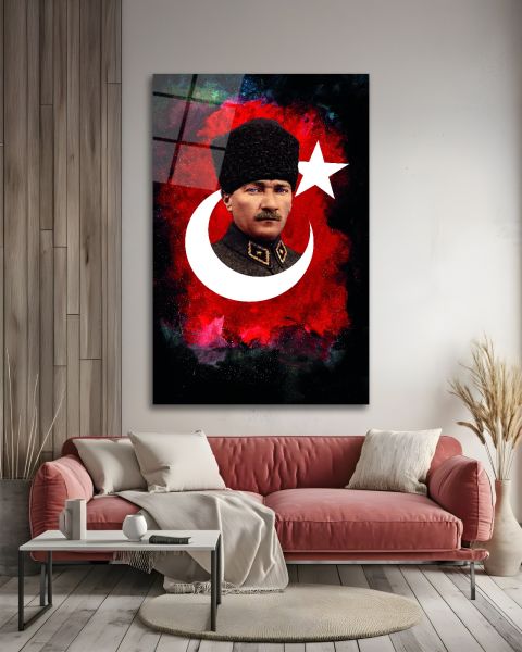 Mustafa Kemal Atatürk ve Türk Bayrağı Cam Tablo