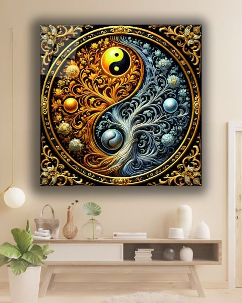 Ying Yang İçinde Hayat Ağacı Kare Cam Tablo