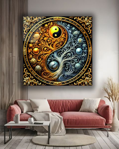 Ying Yang İçinde Hayat Ağacı Kare Cam Tablo