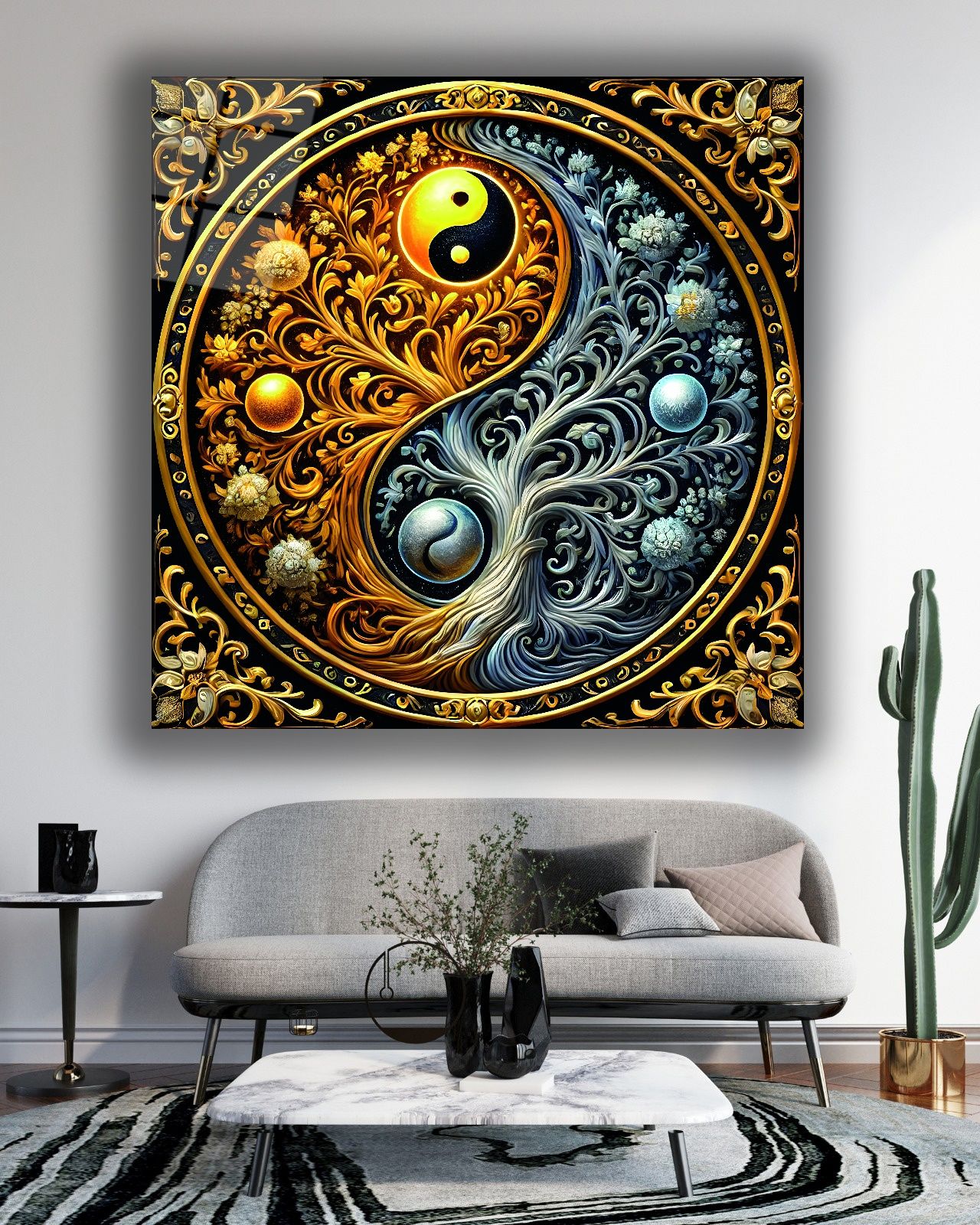 Ying Yang İçinde Hayat Ağacı Kare Cam Tablo