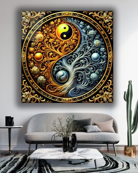 Ying Yang İçinde Hayat Ağacı Kare Cam Tablo