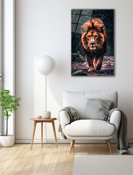 Ormanda Yürüyen Aslan Cam Tablo