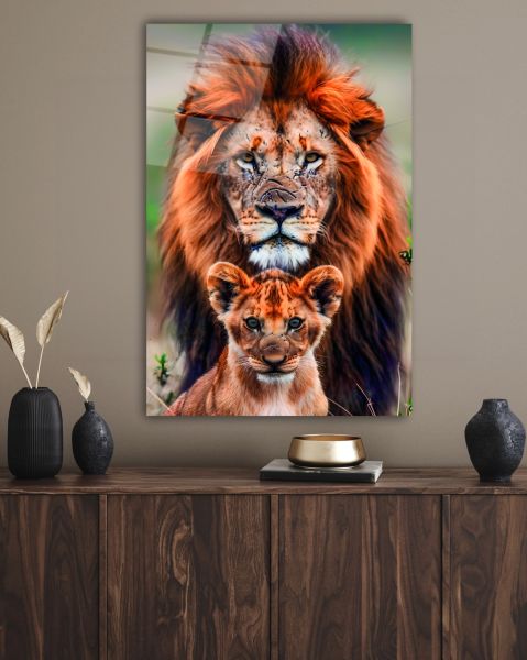 Aslan Kral ve Yavrusu Cam Tablo