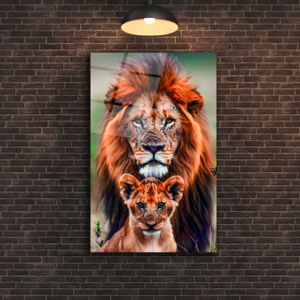 Aslan Kral ve Yavrusu Cam Tablo