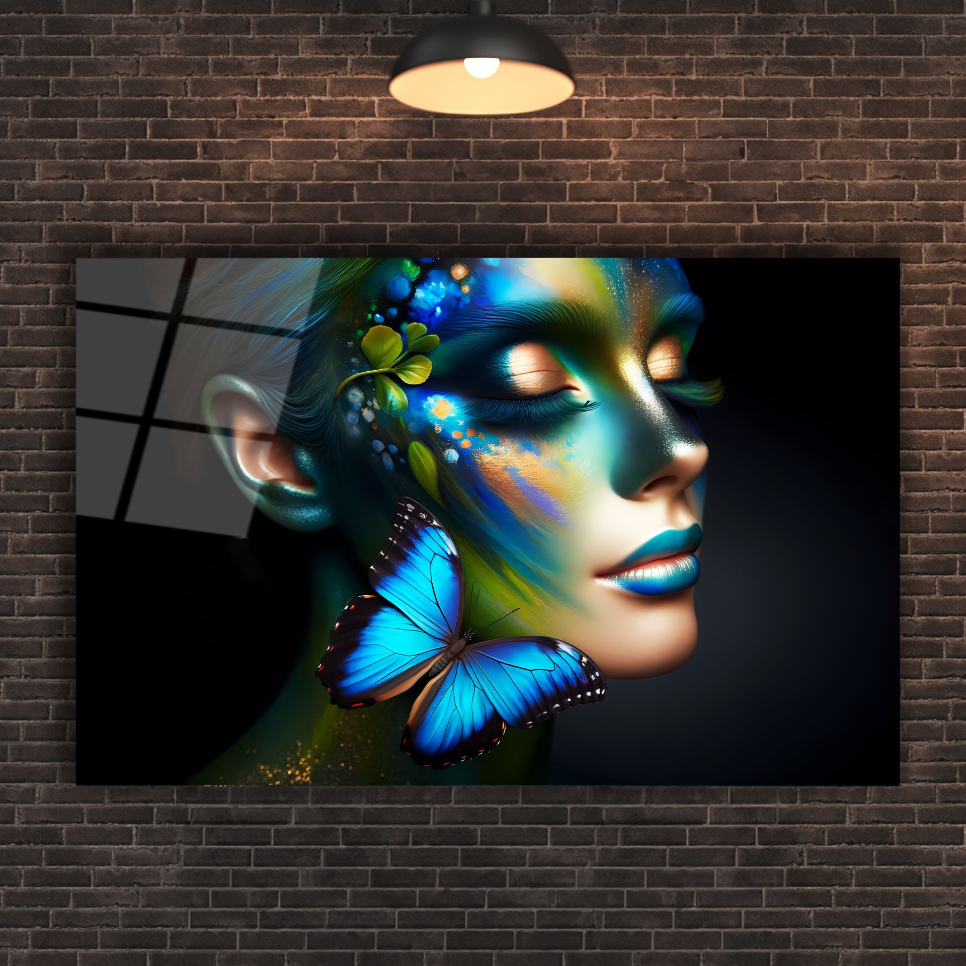 Mavi Makyaj Kelebek Detay Kadın Cam Tablo