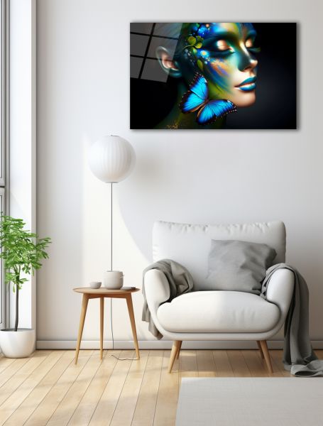 Mavi Makyaj Kelebek Detay Kadın Cam Tablo