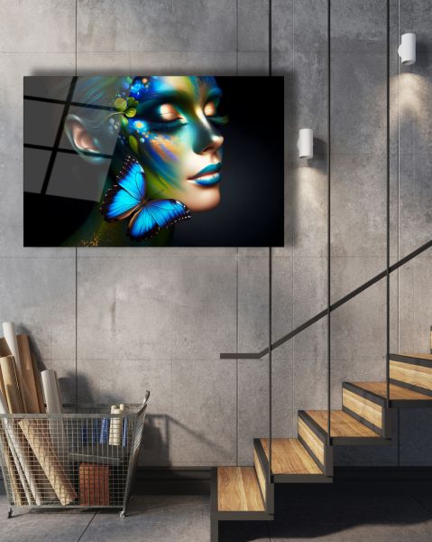 Mavi Makyaj Kelebek Detay Kadın Cam Tablo