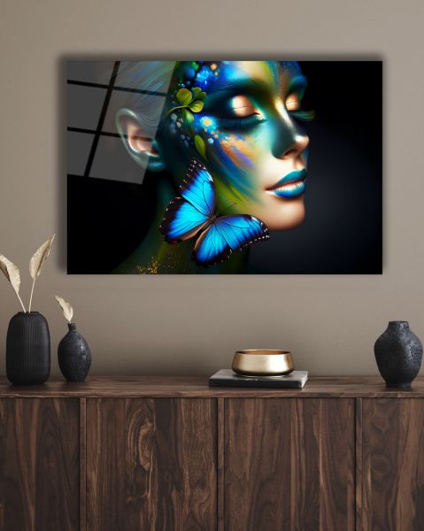Mavi Makyaj Kelebek Detay Kadın Cam Tablo